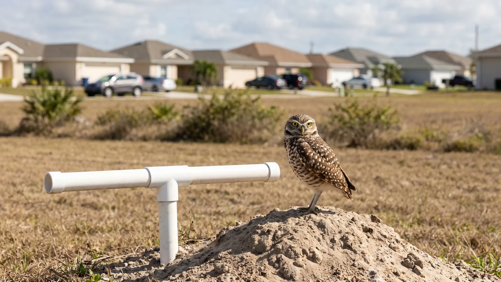Burrowing owl standing beside its burrow and a white PVC perch on a sandy vacant lot in Cape Coral