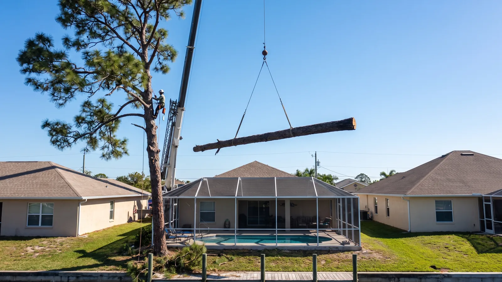 Crane lifting a trunk section of a tall slash pine over a screened pool cage on a narrow canal lot in Cape Coral
