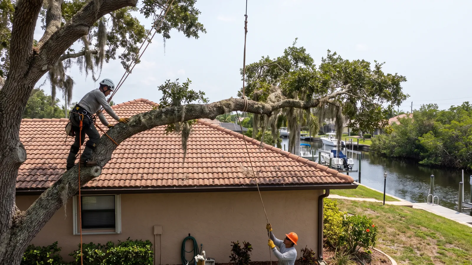 Climber lowering a live oak limb on a rope over the roof of a canal-front home in Cape Coral