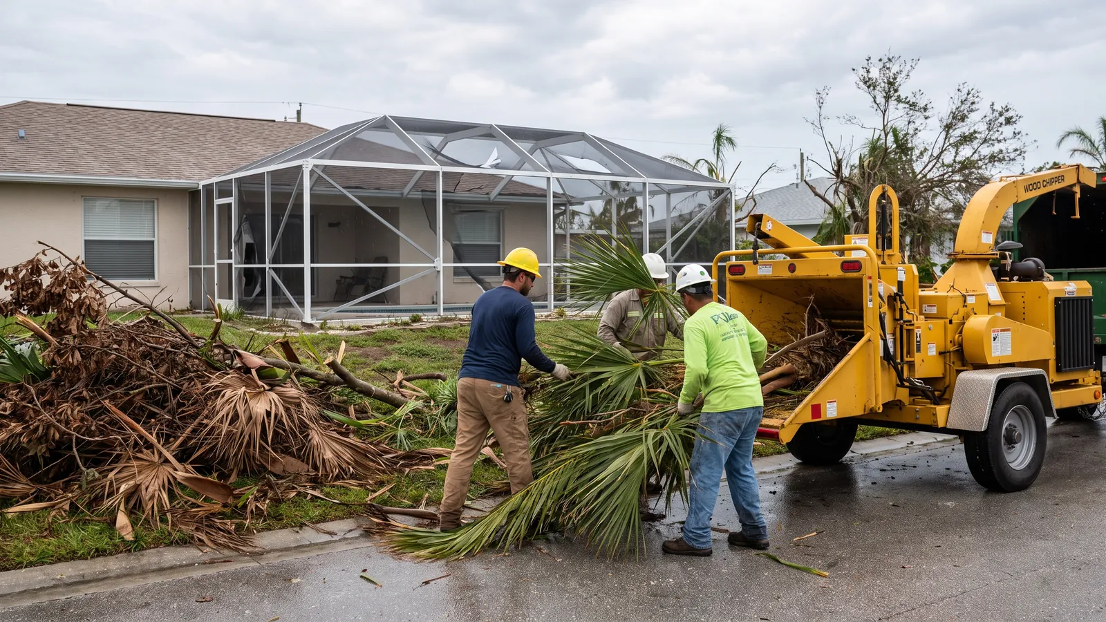 Crew feeding hurricane-downed branches and palm fronds into a chipper on a Cape Coral street