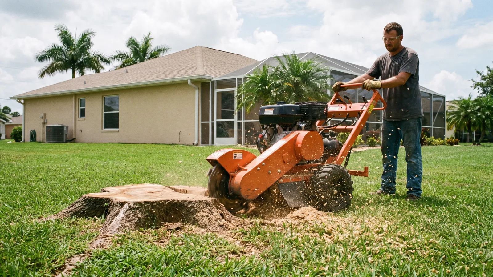 Stump grinder cutting an oak stump below grade in a Cape Coral lawn