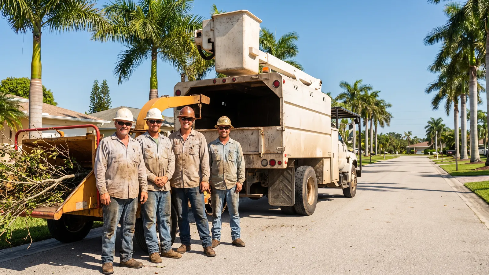 The Cape Coral Tree Co. crew with their bucket truck and chipper in a Cape Coral neighborhood