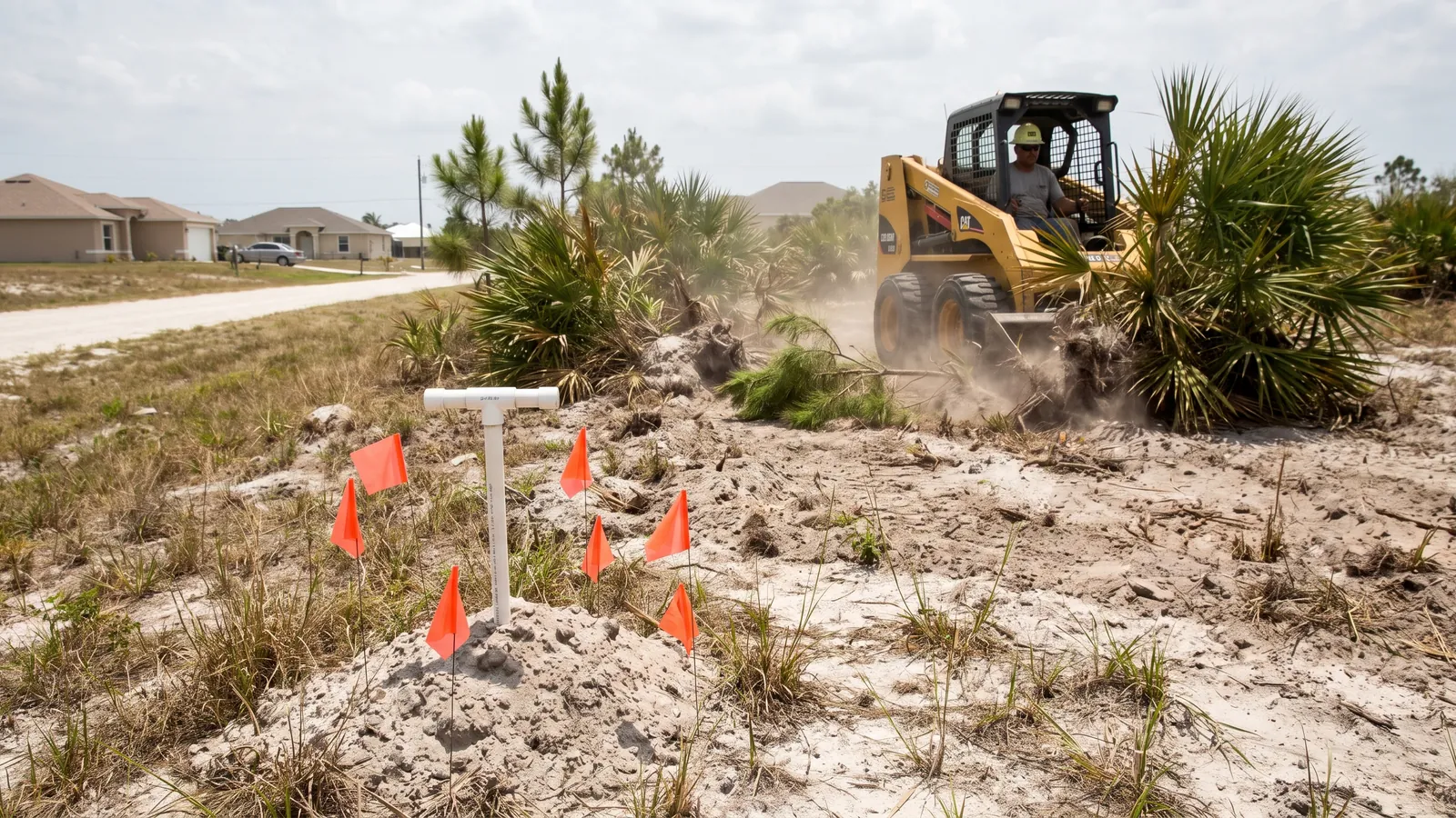 Vacant Cape Coral lot being cleared with a flagged burrowing owl burrow and its white PVC perch left untouched